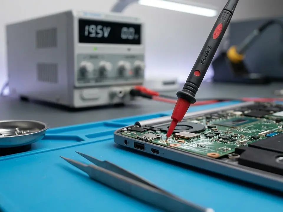 Laptop being inspected and tested on the service bench before a repair is recommended